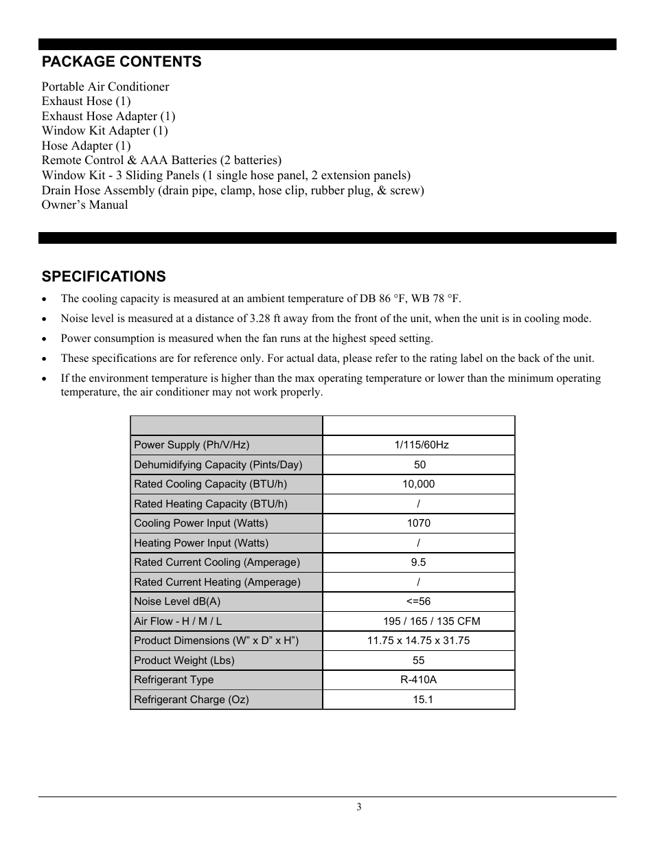 Specifications, Package contents | SoleusAir SG-PAC-10E5 User Manual | Page 3 / 15