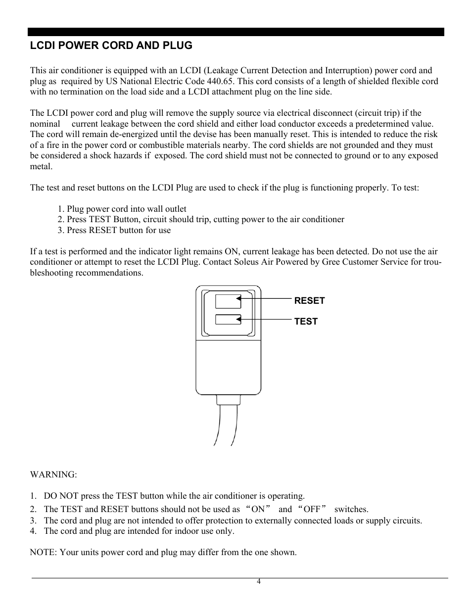 Lcdi power cord and plug | SoleusAir SG-PAC-10E5 User Manual | Page 4 / 15