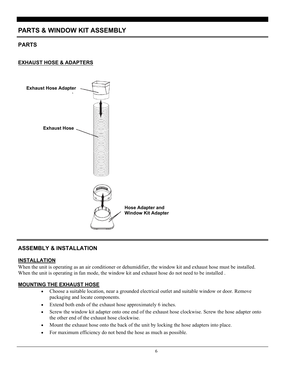 Exhaust hose & adapters, Installation, Mounting the exhaust hose | Parts & window kit assembly | SoleusAir SG-PAC-10E5 User Manual | Page 6 / 15