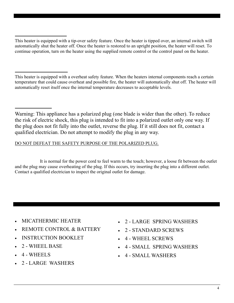 In the box, Micathermic heater, Remote control & battery | Instruction booklet, 2 - wheel base, 4 - wheels, 2 - large washers, Safety features, 2 - large spring washers, 2 - standard screws | SoleusAir HM2-15R-32 User Manual | Page 4 / 10