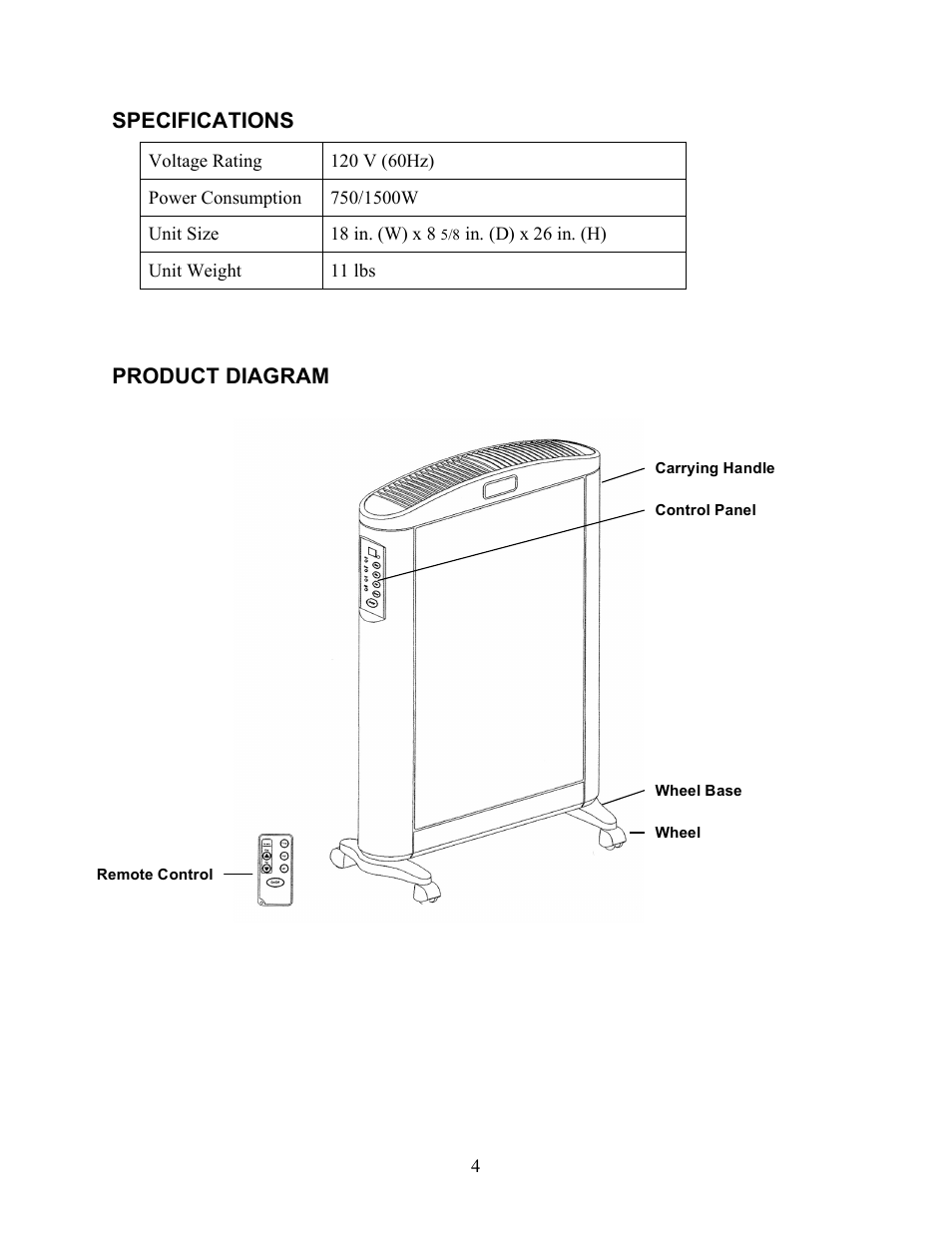 Specifications, Product diagram | SoleusAir HM4-15R-01 User Manual | Page 4 / 9