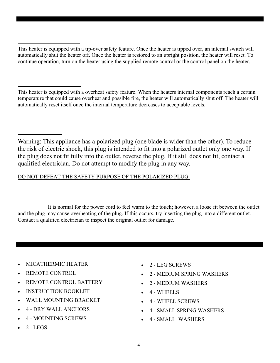 2 - leg screws, 2 - medium spring washers, 2 - medium washers | 4 - wheels, 4 - wheel screws, 4 - small spring washers, 4 - small washers, In the box, Micathermic heater, Remote control | SoleusAir HGW-308R User Manual | Page 4 / 11