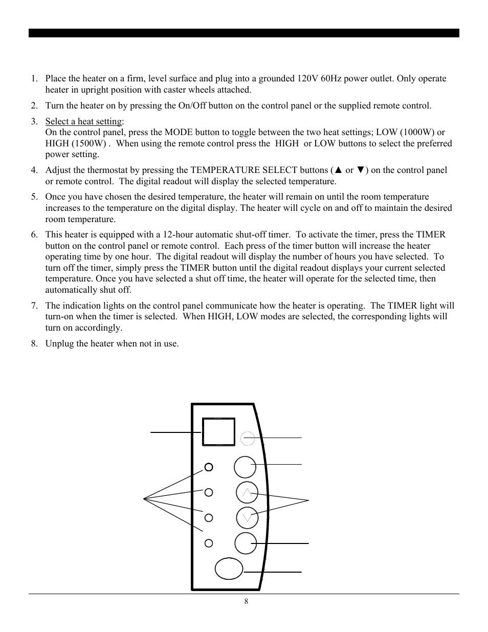 Operating instructions, Control panel & remote operation | SoleusAir HGW-308R User Manual | Page 8 / 11