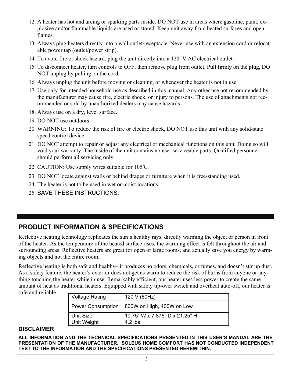 Product information & specifications, Disclaimer | SoleusAir HR3-08-21 User Manual | Page 3 / 7