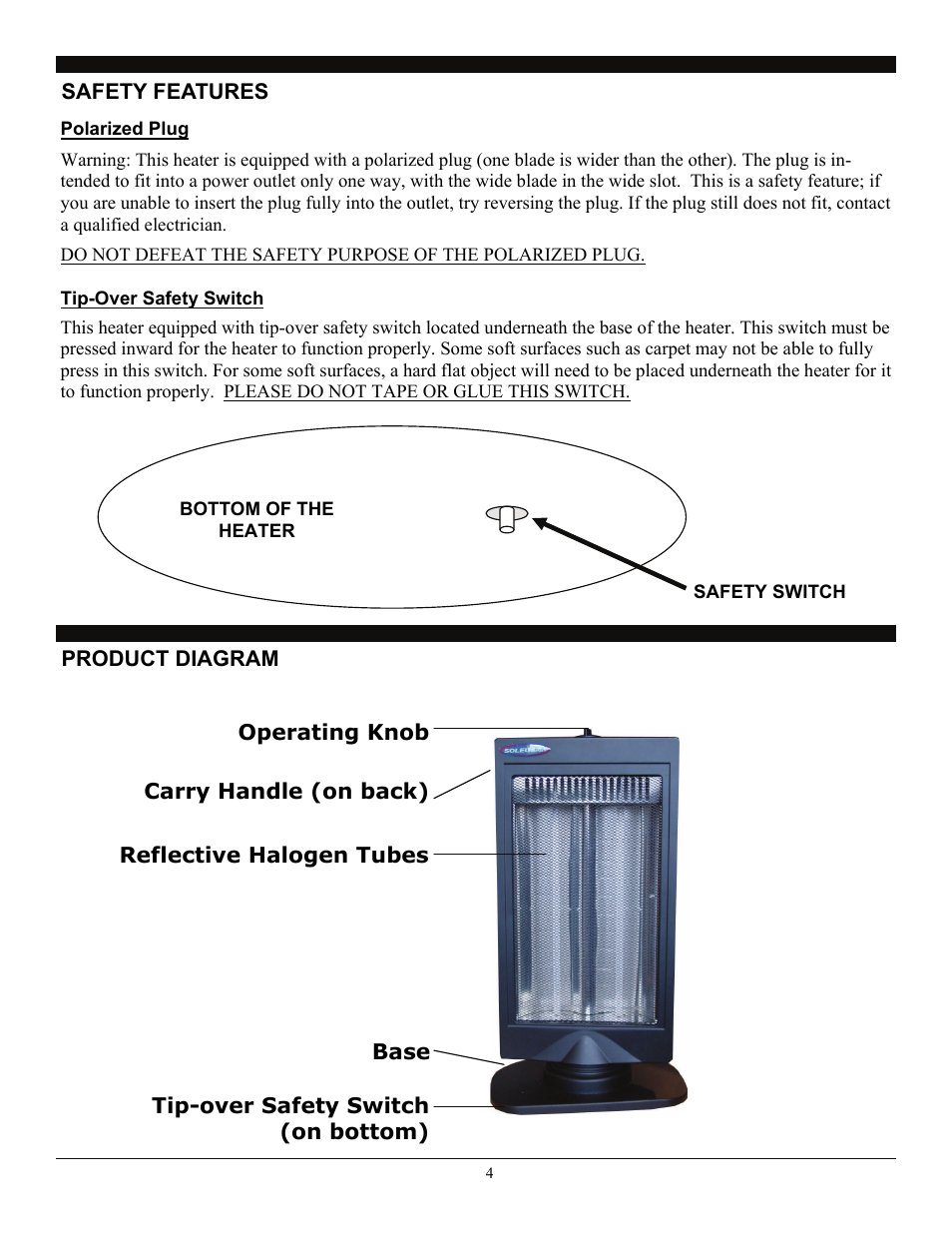 Product diagram, Safety features | SoleusAir HR3-08-21 User Manual | Page 4 / 7