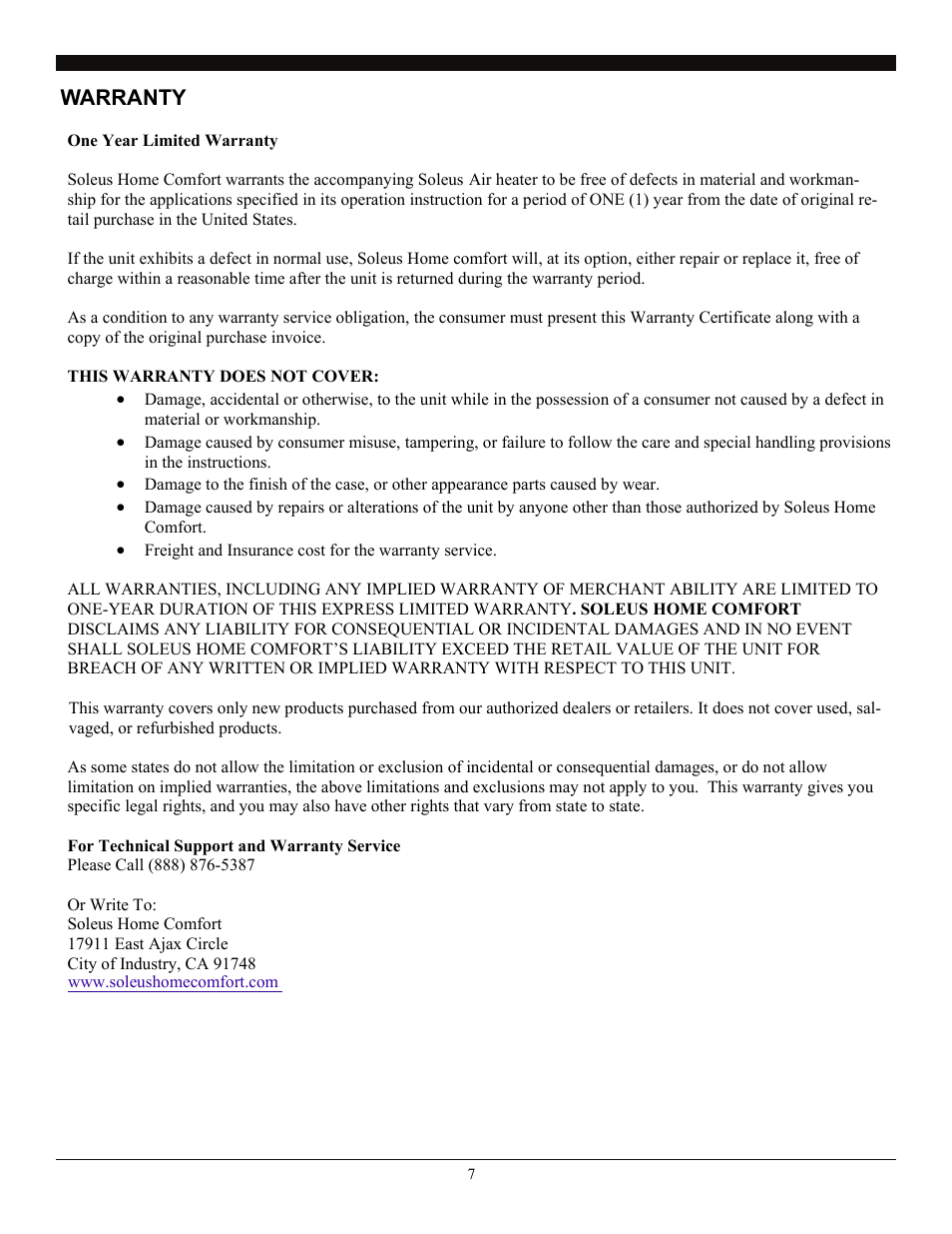 Warranty | SoleusAir HR3-08-21 User Manual | Page 7 / 7