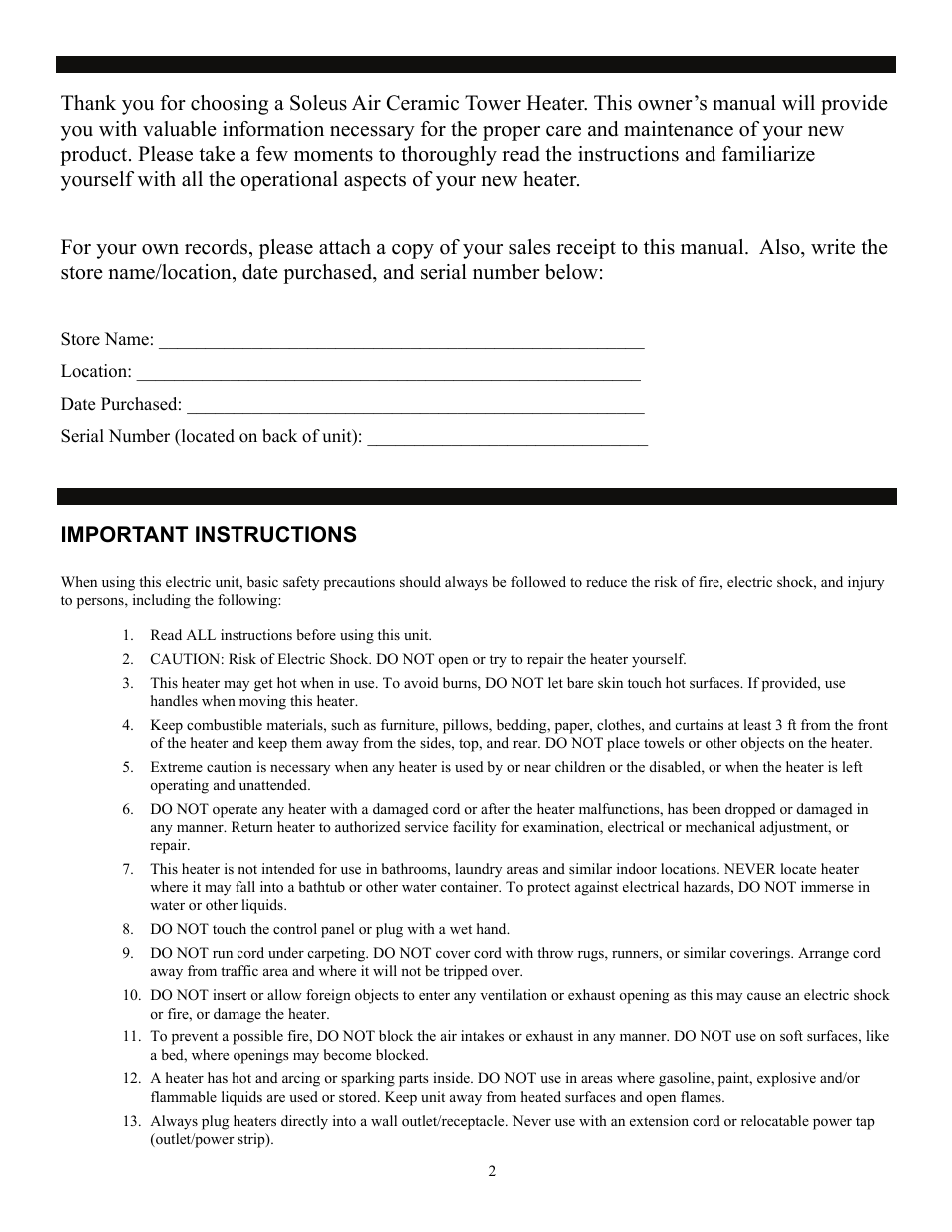 Important instructions | SoleusAir HC7-15-01 User Manual | Page 2 / 7