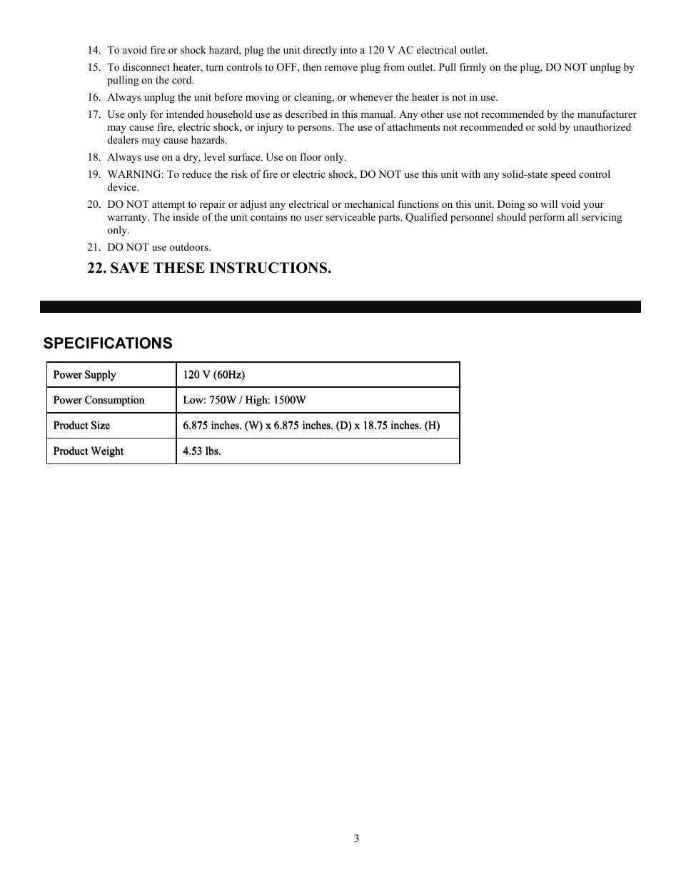Specifications, Save these instructions. specifications | SoleusAir HC7-15-01 User Manual | Page 3 / 7