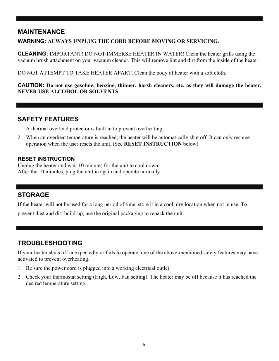 Safety features, Reset instruction, Storage | Troubleshooting | SoleusAir HC7-15-01 User Manual | Page 6 / 7
