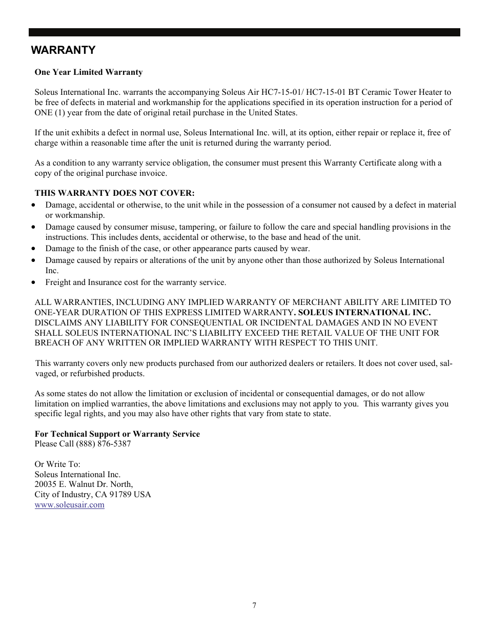 Warranty | SoleusAir HC7-15-01 User Manual | Page 7 / 7