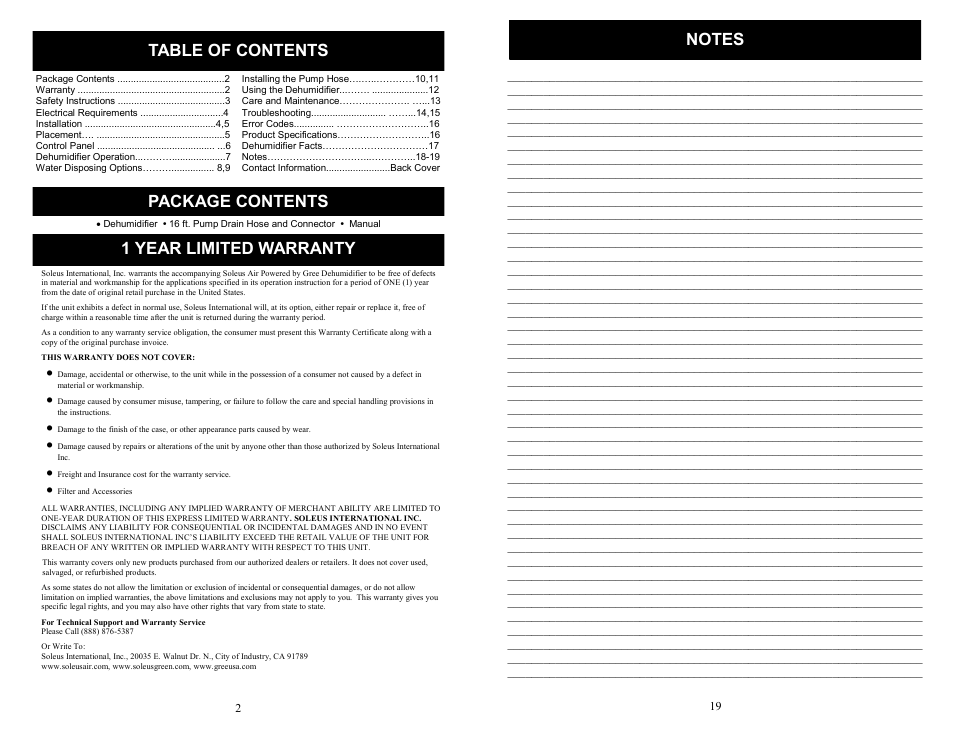 1 year limited warranty, Table of contents package contents | SoleusAir SG-DEH-70EIP-6 User Manual | Page 2 / 10