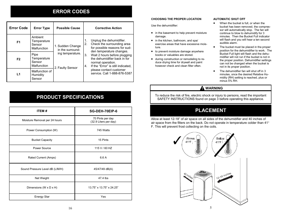 Product specifications, Error codes, Placement | SoleusAir SG-DEH-70EIP-6 User Manual | Page 5 / 10