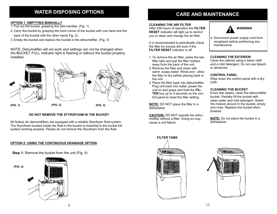 Water disposing options, Care and maintenance | SoleusAir SG-DEH-70EIP-6 User Manual | Page 8 / 10