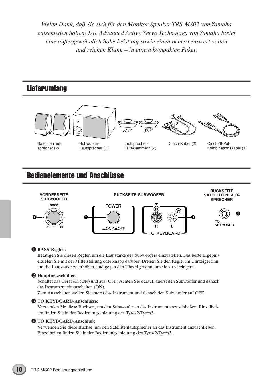 Lieferumfang, Bedienelemente und anschlüsse, Lieferumfang bedienelemente und anschlüsse | Yamaha TRS-MS02 User Manual | Page 10 / 20