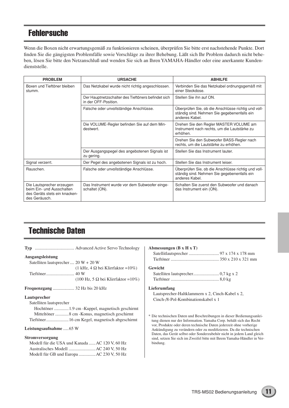 Fehlersuche, Technische daten | Yamaha TRS-MS02 User Manual | Page 11 / 20