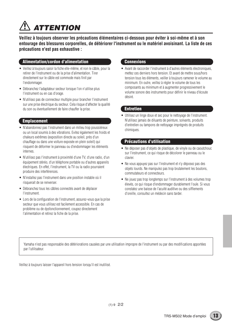 Attention | Yamaha TRS-MS02 User Manual | Page 13 / 20