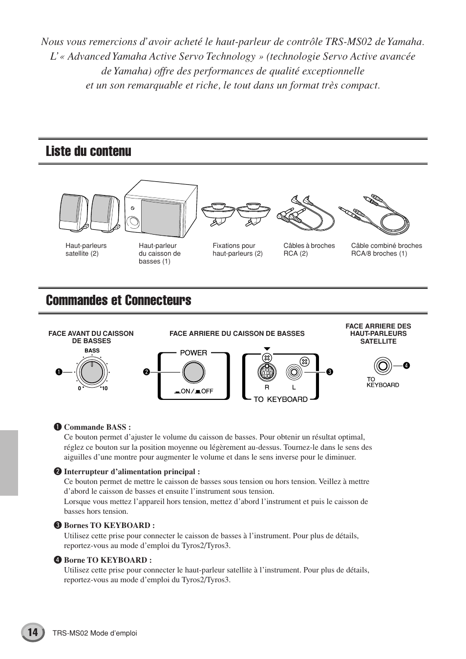 Liste du contenu, Commandes et connecteurs, Liste du contenu commandes et connecteurs | Yamaha TRS-MS02 User Manual | Page 14 / 20