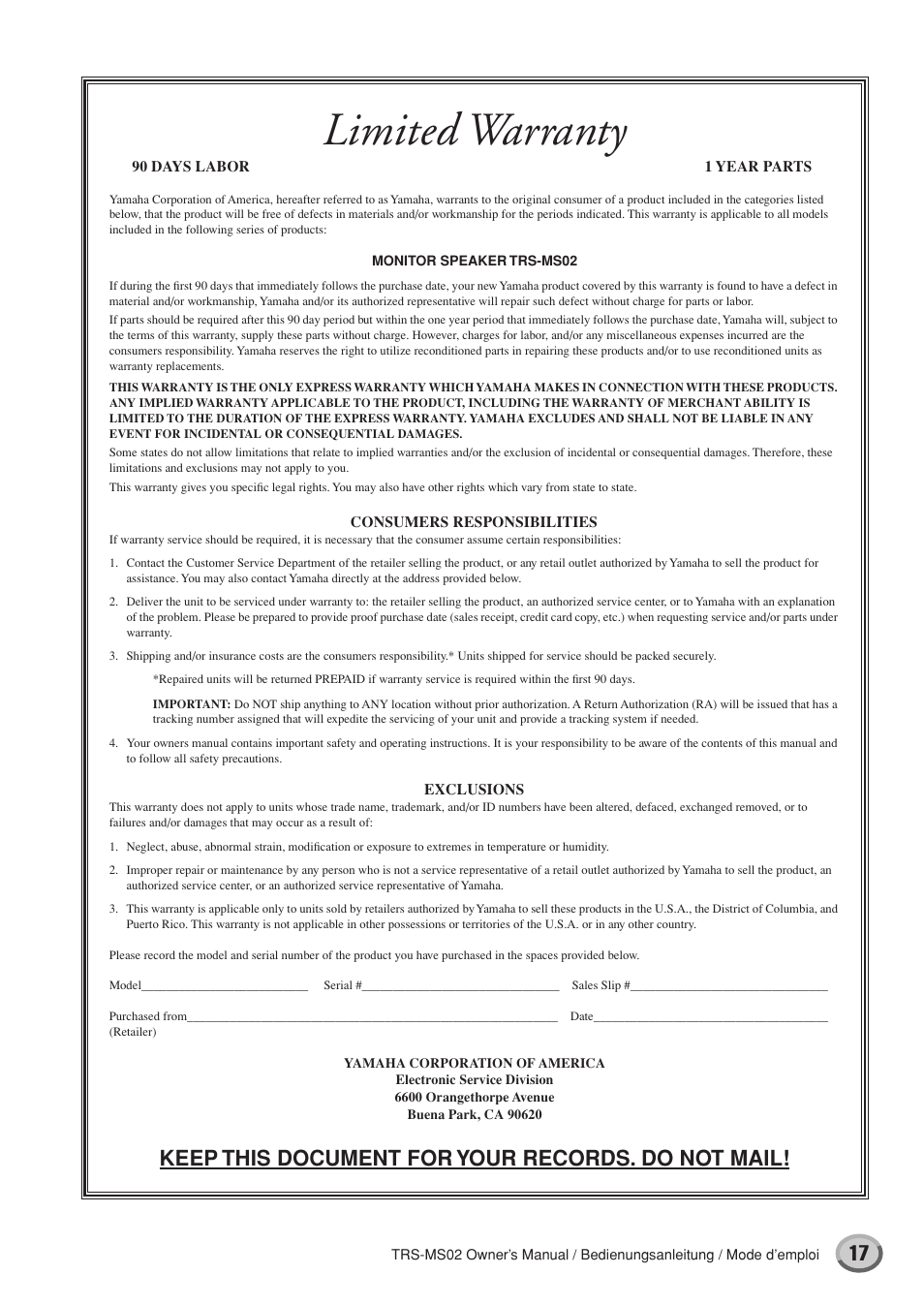 Limited warranty, Keep this document for your records. do not mail | Yamaha TRS-MS02 User Manual | Page 17 / 20