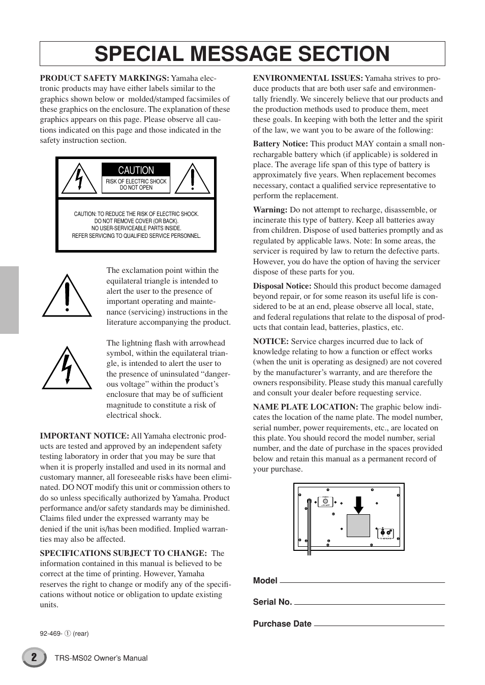 Caution | Yamaha TRS-MS02 User Manual | Page 2 / 20