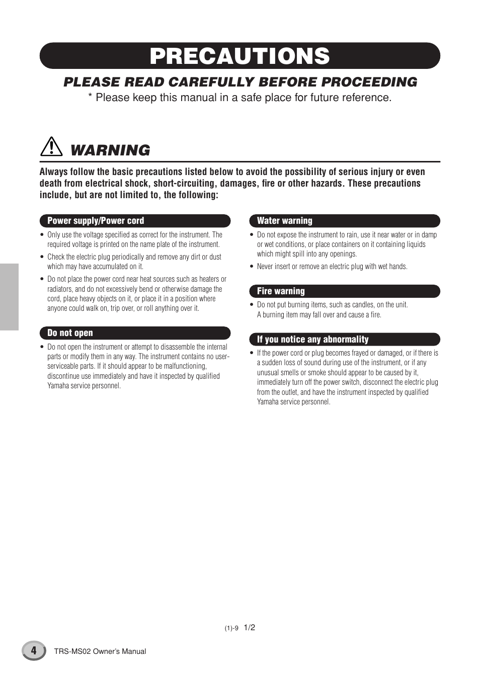 Precautions, Warning, Please read carefully before proceeding | Yamaha TRS-MS02 User Manual | Page 4 / 20