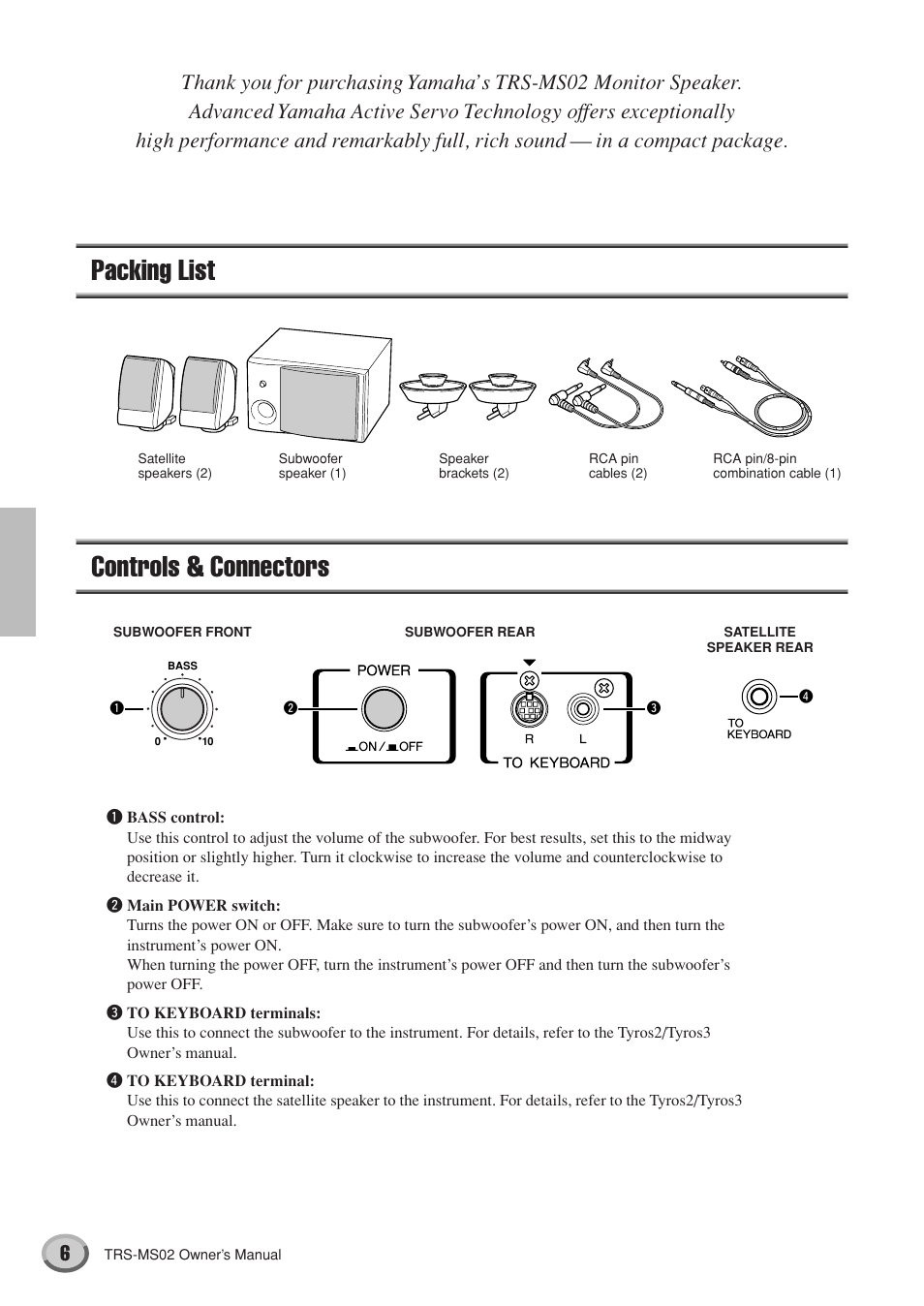 Packing list, Controls & connectors, Packing list controls & connectors | Yamaha TRS-MS02 User Manual | Page 6 / 20