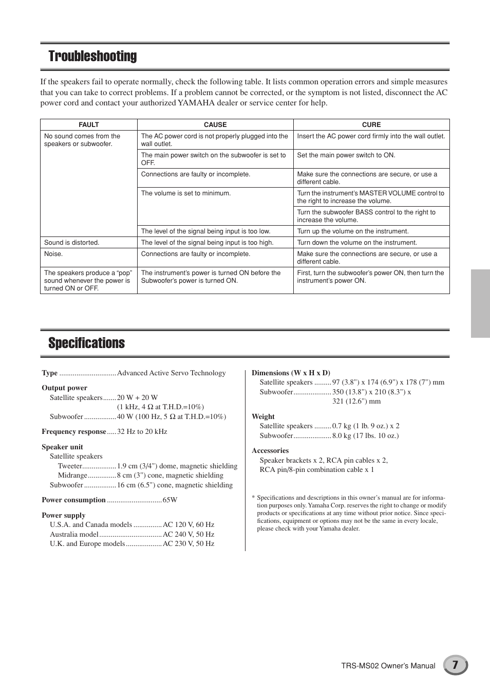 Troubleshooting, Specifications | Yamaha TRS-MS02 User Manual | Page 7 / 20