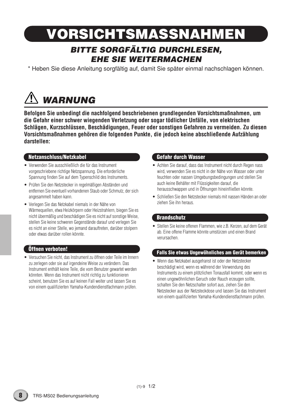 Vorsichtsmassnahmen, Warnung, Bitte sorgfältig durchlesen, ehe sie weitermachen | Yamaha TRS-MS02 User Manual | Page 8 / 20