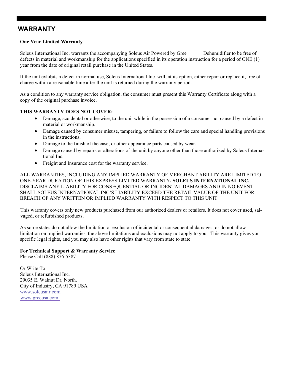 Warranty | SoleusAir SG-DEH-70E-1 (DP1-70E-03) User Manual | Page 10 / 10