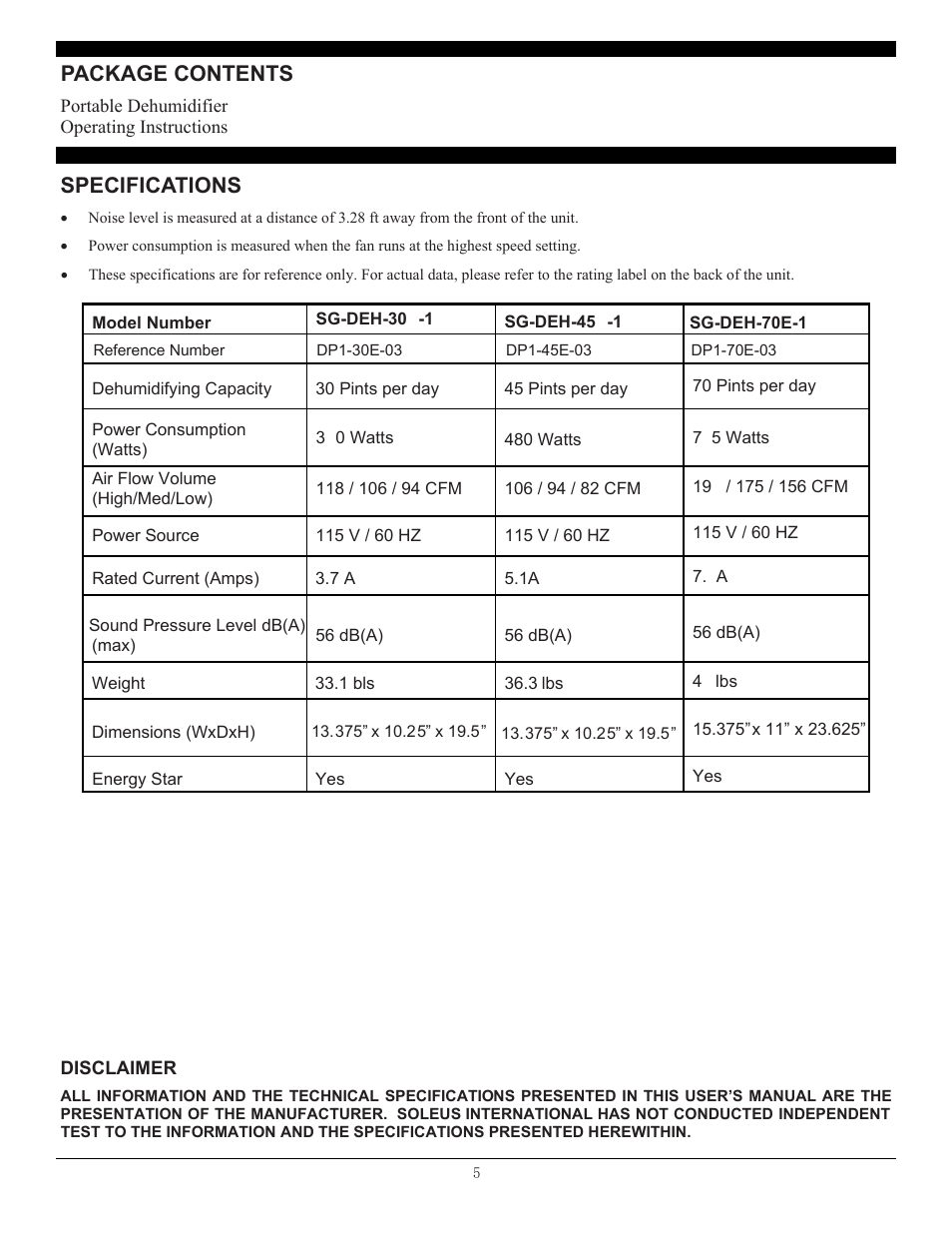Specifications, Disclaimer, Package contents | Untitled | SoleusAir SG-DEH-70E-1 (DP1-70E-03) User Manual | Page 5 / 10