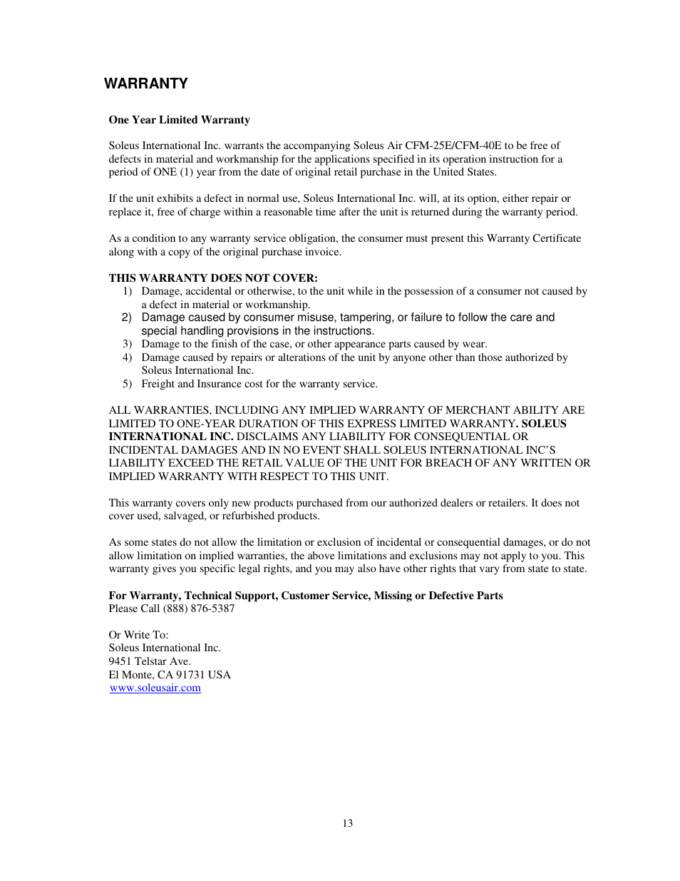 Warranty | SoleusAir CFM-40E User Manual | Page 13 / 13