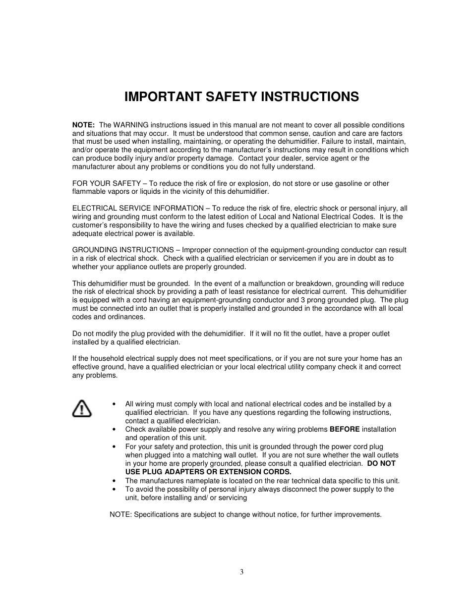 Important safety instructions | SoleusAir CFM-40E User Manual | Page 3 / 13