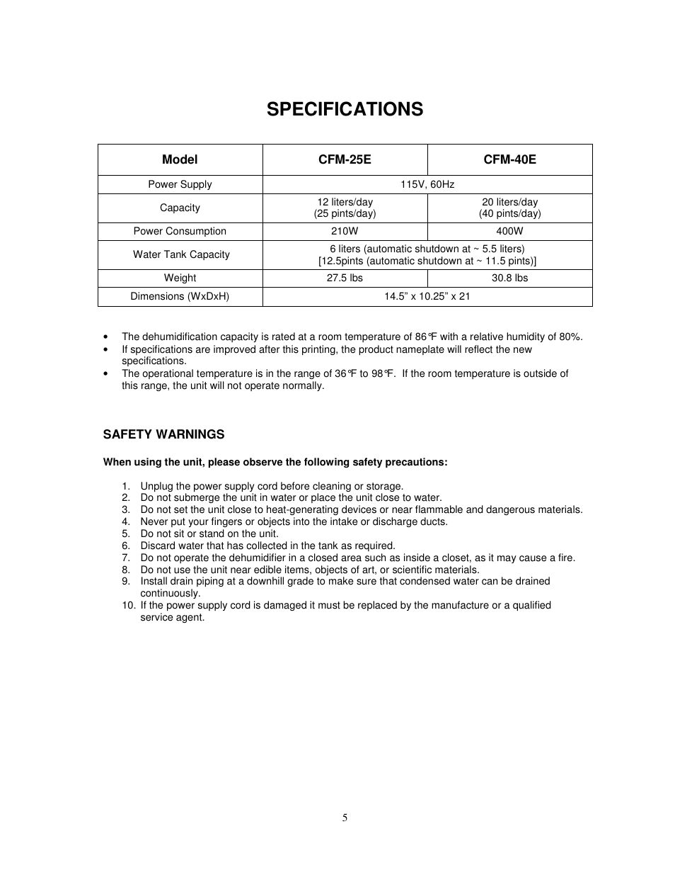 Specifications | SoleusAir CFM-40E User Manual | Page 5 / 13