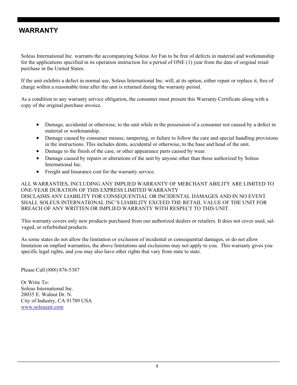 Warranty | SoleusAir FC3-35R-12 User Manual | Page 8 / 8
