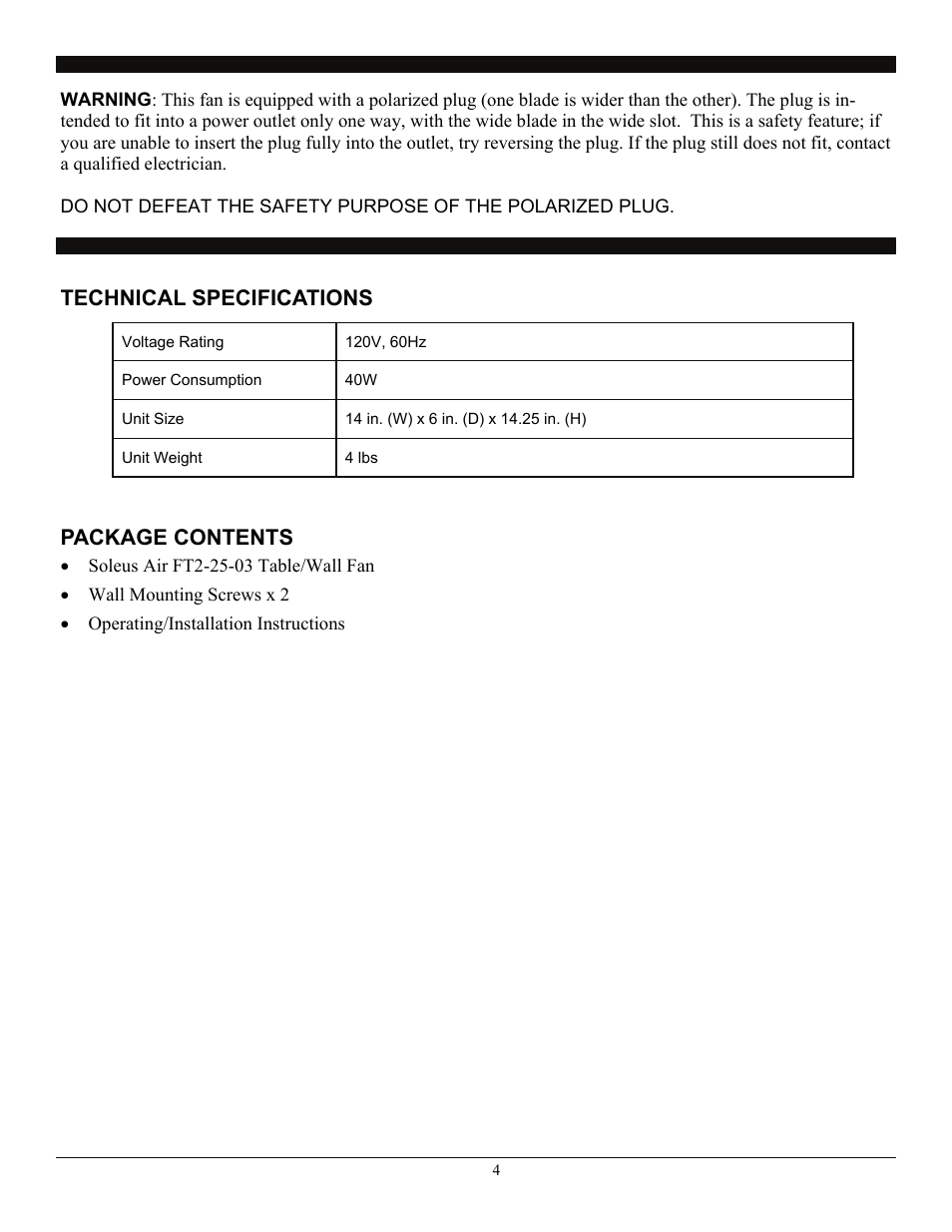 Technical specifications, Technical specifications package contents | SoleusAir FT2-25-03 User Manual | Page 4 / 7