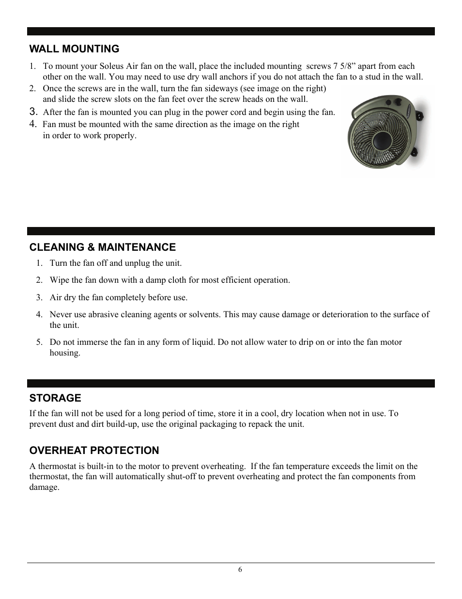 Wall mounting, Storage, Overheat protection | SoleusAir FT2-25-03 User Manual | Page 6 / 7