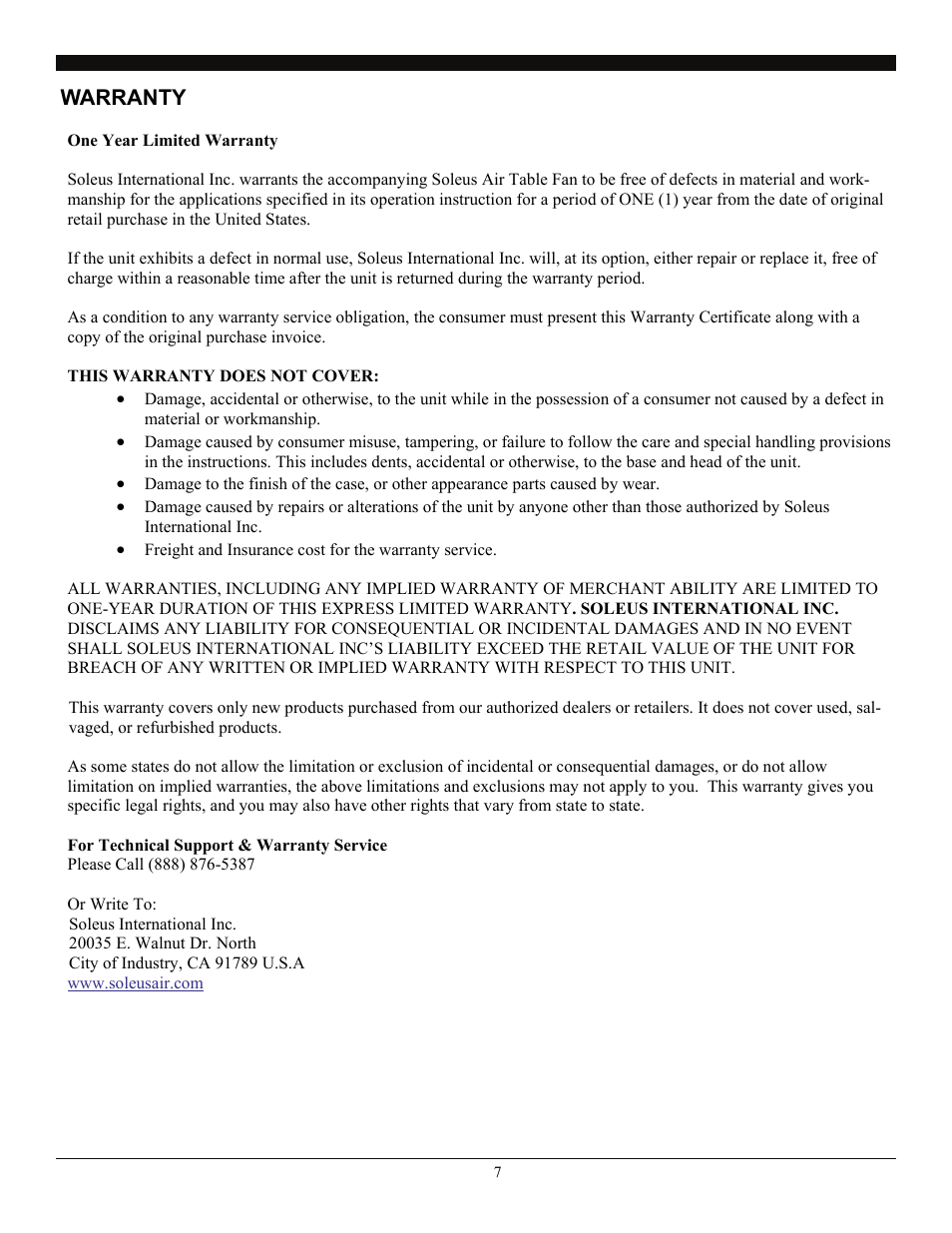 Warranty | SoleusAir FT2-25-03 User Manual | Page 7 / 7