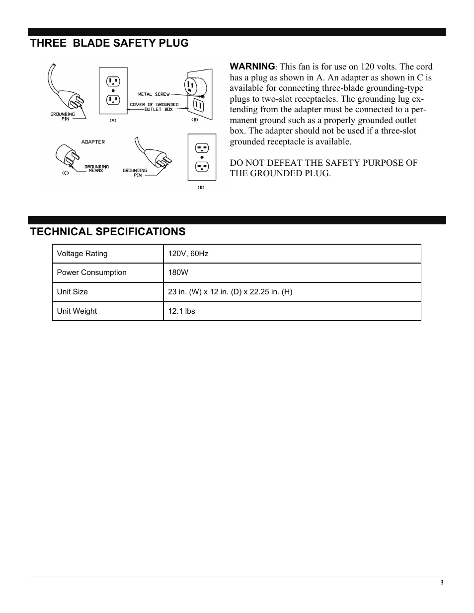 Three blade safety plug, Technical specifications | SoleusAir FF1-50-53 User Manual | Page 3 / 8