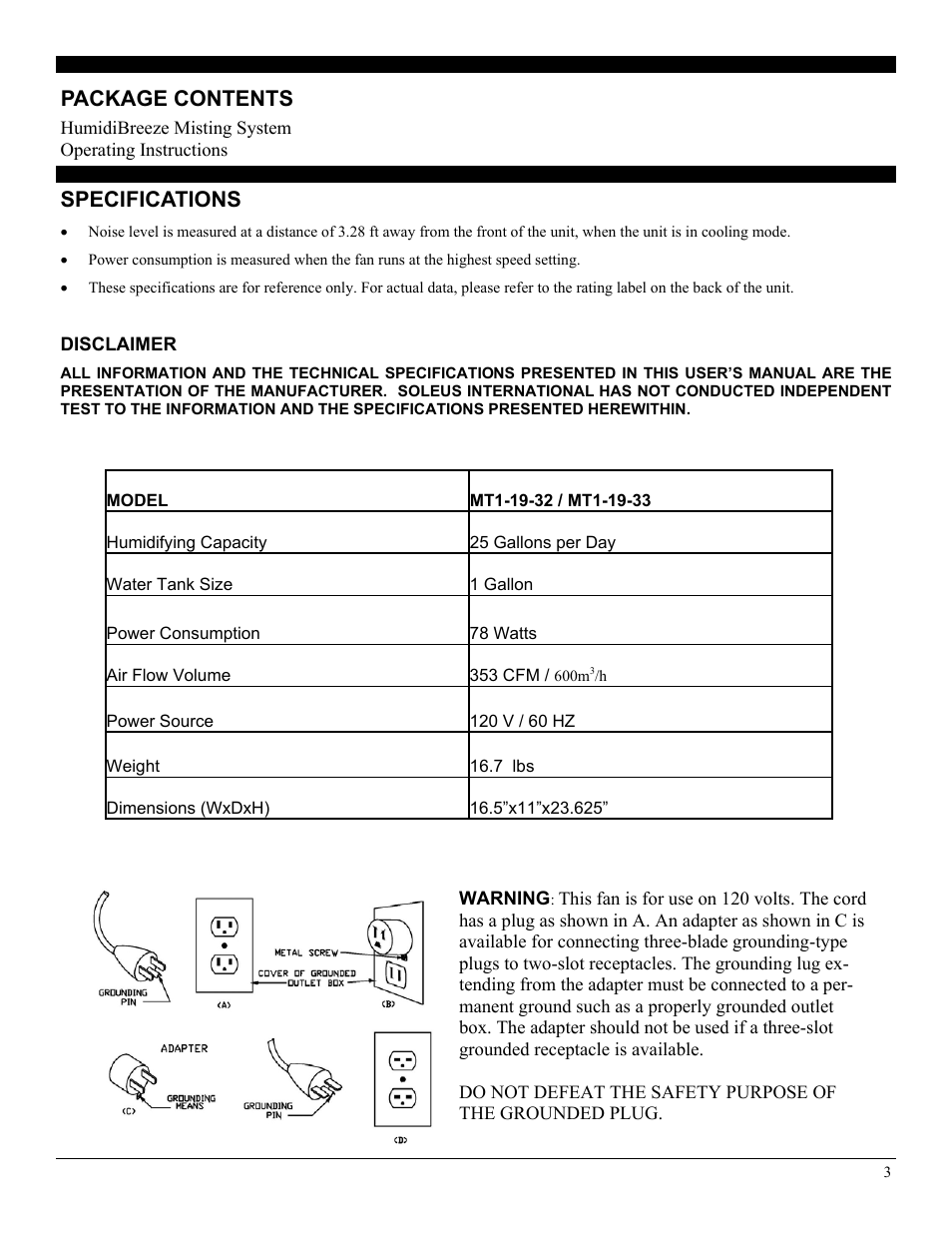 Specifications, Disclaimer, Package contents | SoleusAir MT1-19-33 User Manual | Page 3 / 7