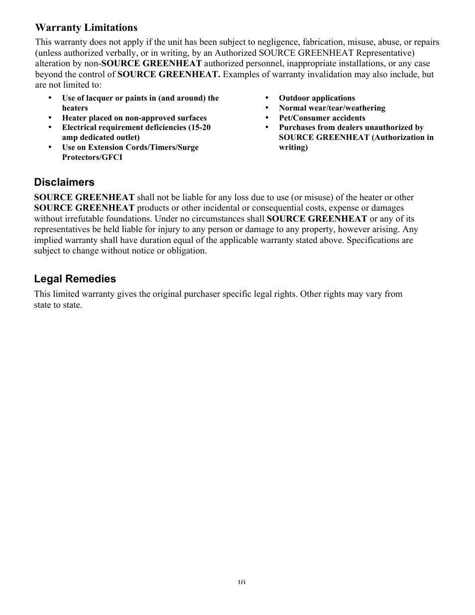 Warranty limitations, Disclaimers, Legal remedies | Source Green Heat SGH-IFP1500 User Manual | Page 10 / 11