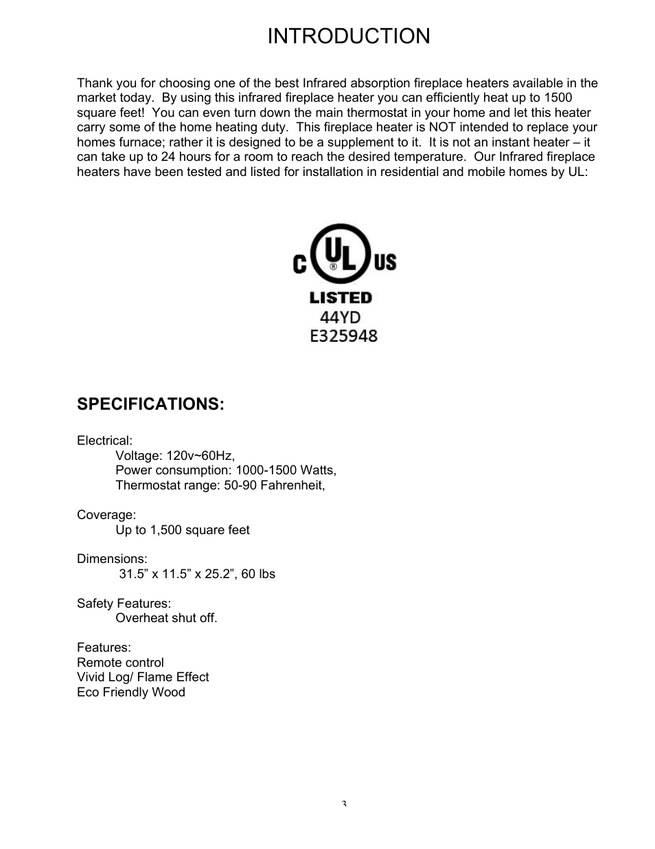 Introduction, Specifications | Source Green Heat SGH-IFP1500 User Manual | Page 3 / 11