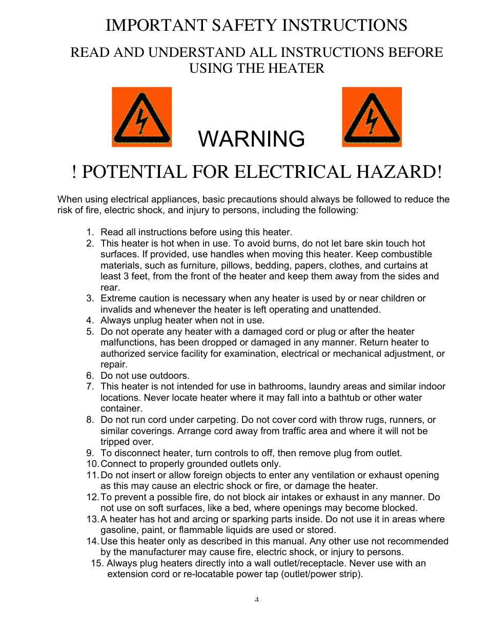 Warning, Potential for electrical hazard, Important safety instructions | Source Green Heat SGH-IFP1500 User Manual | Page 4 / 11
