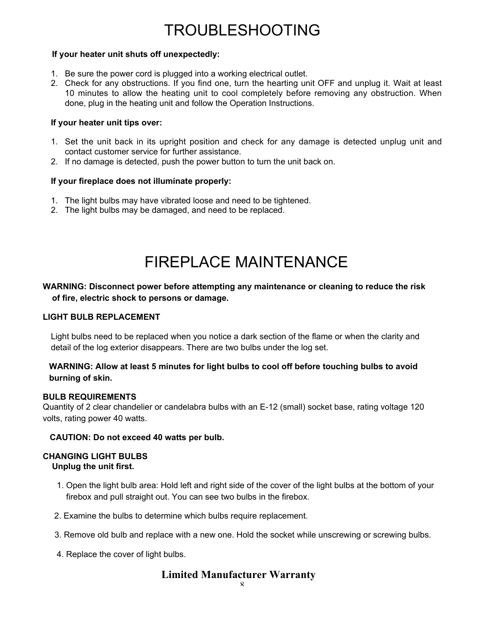 Troubleshooting, Fireplace maintenance, Limited manufacturer warranty | Source Green Heat SGH-IFP1500 User Manual | Page 8 / 11