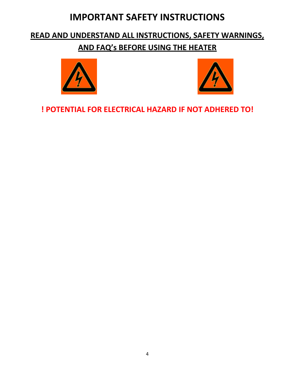 Warning, Important safety instructions, Potential for electrical hazard if not adhered to | Source Green Heat SGH-500-1PC User Manual | Page 4 / 15