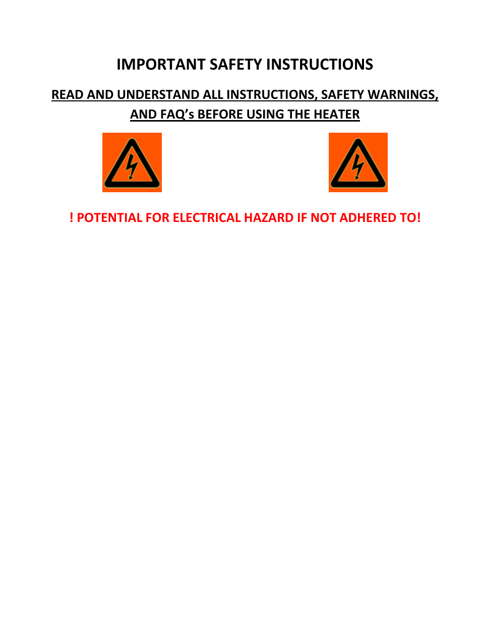 Warning, Important safety instructions, Potential for electrical hazard if not adhered to | Source Green Heat SGH-1500 User Manual | Page 3 / 19