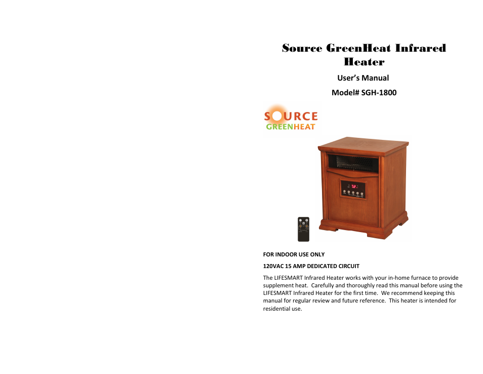 Source Green Heat SGH‐1800 User Manual | 6 pages