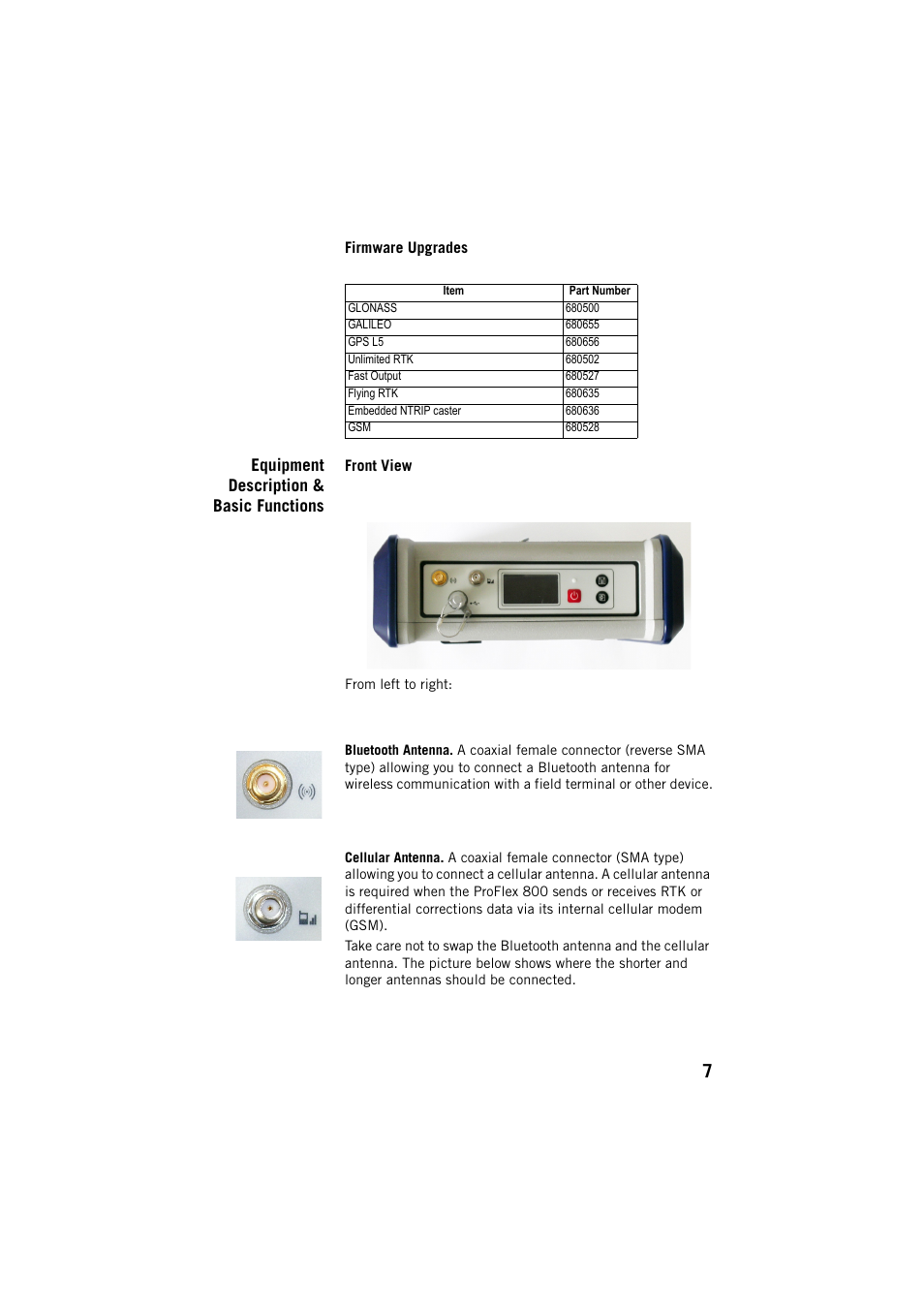 Firmware upgrades, Equipment description & basic functions, Front view | Spectra Precision ProFlex 800 CORS User Manual | Page 11 / 64