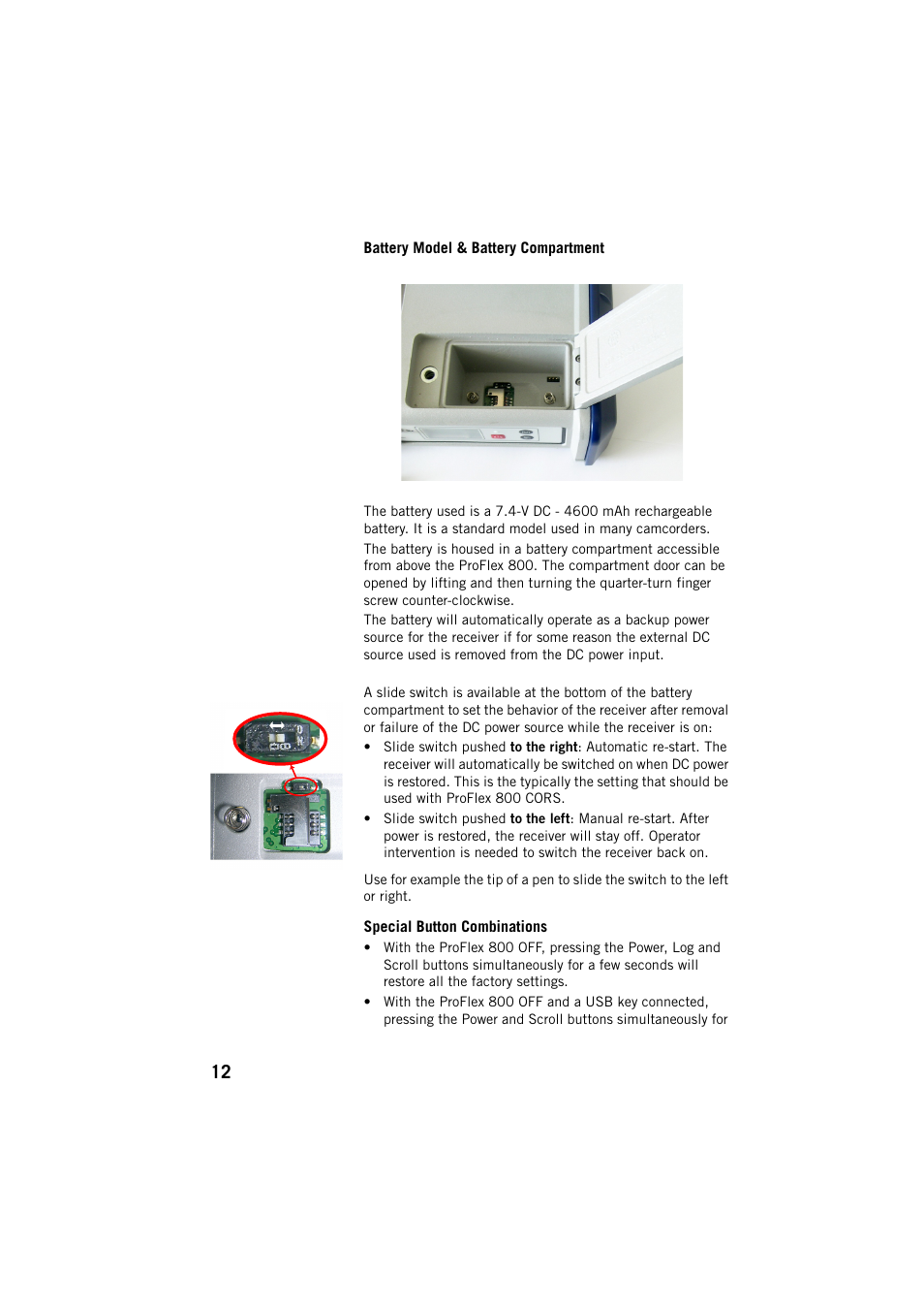 Battery model & battery compartment, Special button combinations | Spectra Precision ProFlex 800 CORS User Manual | Page 16 / 64
