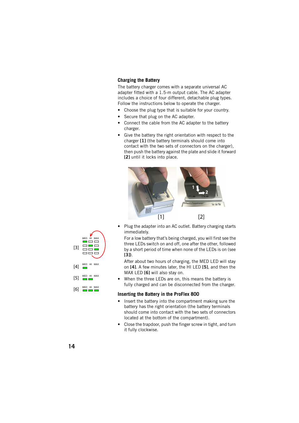 Charging the battery, Inserting the battery in the proflex 800 | Spectra Precision ProFlex 800 CORS User Manual | Page 18 / 64