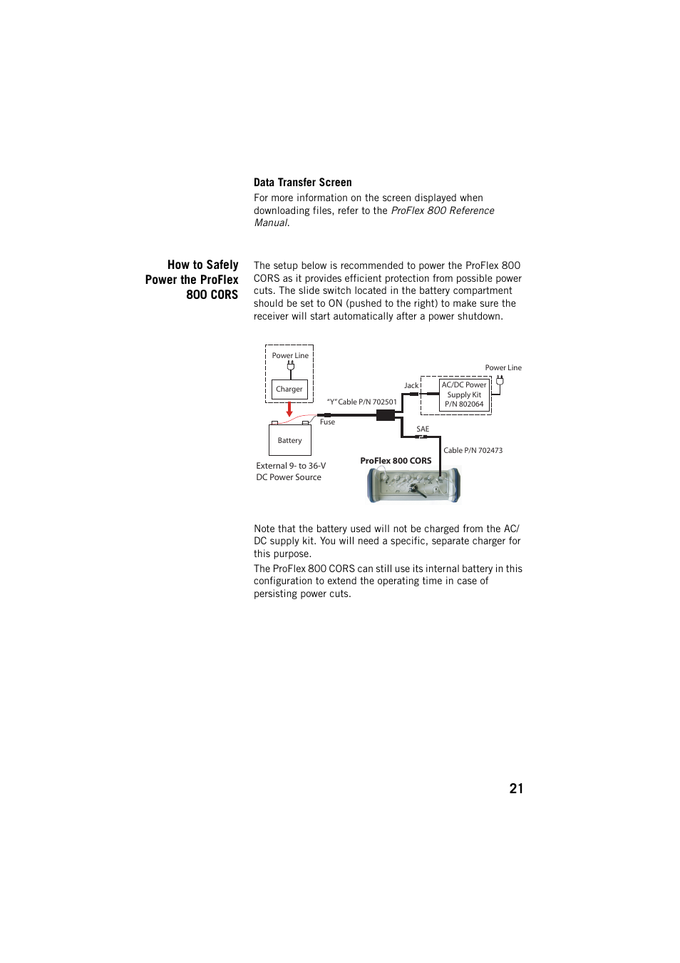 Data transfer screen, How to safely power the proflex 800 cors | Spectra Precision ProFlex 800 CORS User Manual | Page 25 / 64