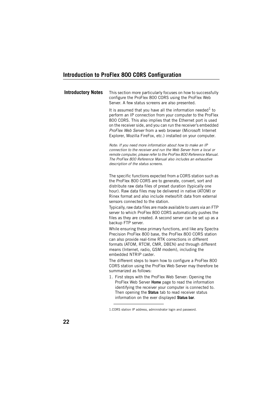 Introduction to proflex 800 cors configuration, Introductory notes | Spectra Precision ProFlex 800 CORS User Manual | Page 26 / 64